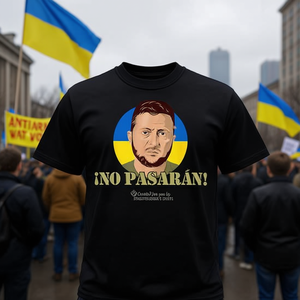 T-shirt con ritratto di Zelenskyy e bandiera ucraina No Pasarn per promozioni - Product Image 3