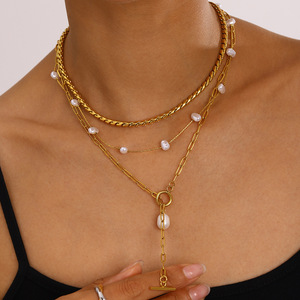 Collier élégant à plusieurs rangs en perles, chaîne dorée avec pendentif en T, perle blanche, unisexe, à porter au quotidien - Product Image 2