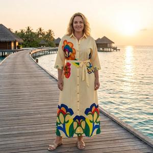 Abito lungo da donna con stampa floreale, <span class=keywords><strong>colletto</strong></span> a revers, cintura e maniche a mezza lunghezza, casual, taglie forti, all'ingrosso - Product Image 2