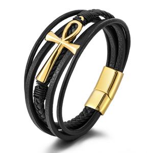 Bracelet croix en acier inoxydable tressé multicouche en cuir de vachette fait main pour homme – Tendance mode, cadeau idéal pour les fêtes, nouveau style - Product Image 1