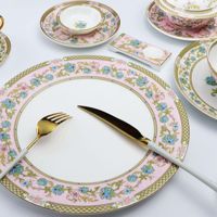 Service de table 28 pièces en porcelaine fine française, motif fleurs de cerisier, blanc et vert, résistant à la décoloration, luxe léger, rétro, compatible micro-ondes