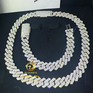 Hot Selling Pass Diamond Tester 925 Solid Silver 13mm 2 Rows Iced Out Hip Hop Flawless Moissanite Diamond Cuban Link Chain