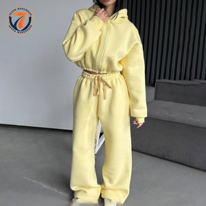 Ensemble <span class=keywords><strong>de</strong></span> survêtement sport ample 2 pièces personnalisé pour femme, sweat à capuche zippé <span class=keywords><strong>haut</strong></span> <span class=keywords><strong>de</strong></span> <span class=keywords><strong>gamme</strong></span> et pantalon large décontracté, style boxy ajusté - Product Image 1