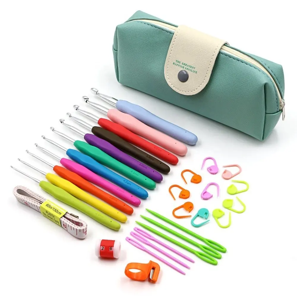 31pcs plastic safty pin and needle accessories New TPR soft handle crochet Kit Case with polyester pencil case