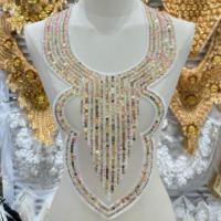 Col en dentelle blanche transparente avec broderie, appliques, rayures dorées à paillettes et détails perlés pour Abaya, Robe de soirée, Design de mode