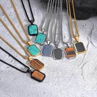 Collier Pendentif Rectangulaire Géométrique en Acier Inoxydable 316L, Turquoise, Œil de Tigre, Lapis Lazuli, Design Tendance pour Hommes - Vente en Gros