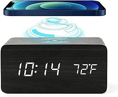 LED Calendar Time Temperature Voice Control Wood Digital Alarm Clock