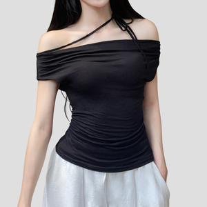 Camiseta de manga corta elegante de color sólido al por mayor para mujer, camiseta con diseño de pecho a la moda de estilo suave, suministro personalizado de fábrica OEM - Product Image 2