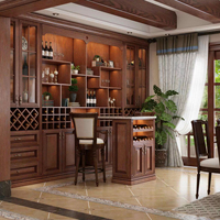 Buffet mural classique américain en bois massif, meuble de rangement personnalisé en bois avec comptoir de bar, porte-bouteilles et tiroirs