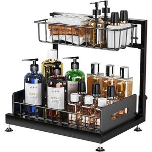 Paquete de <span class=keywords><strong>2</strong></span> organizadores negros para fregadero de cocina, armario de almacenamiento, cesta deslizante de <span class=keywords><strong>2</strong></span> niveles, mostrador en forma de L, estantes ajustables para almacenamiento - Product Image 1