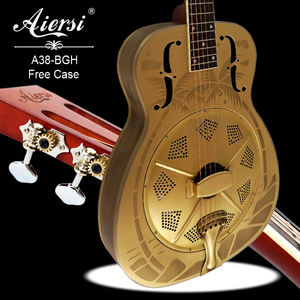 Guitare résonnante Aiersi Style O avec corps en laiton motif Arbre Hawaïen doré, en cuivre vintage, à cône unique, avec chevalet biscuit, personnalisée - Product Image 2