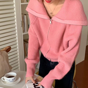 紫色翻领拉链针织马海毛开衫女式秋季休闲挂脖系带柔软毛衣外套海军领上衣 - Product Image 2