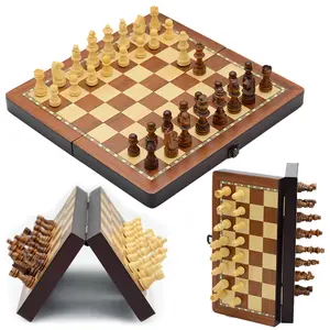 Classic Wooden Chess Game Set Large Wood Board Folding Storage Box portable travel set with Hand Carved Pieces