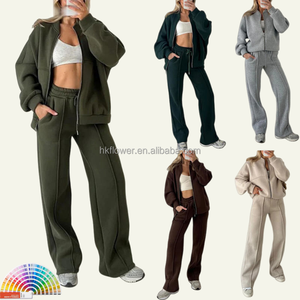 Conjunto Deportivo Casual de 2 Piezas para Mujer, Sudadera con Capucha y Cremallera de Felpa, Pantalones Deportivos, Antibolitas, Transpirable, para Otoño - Product Image 1
