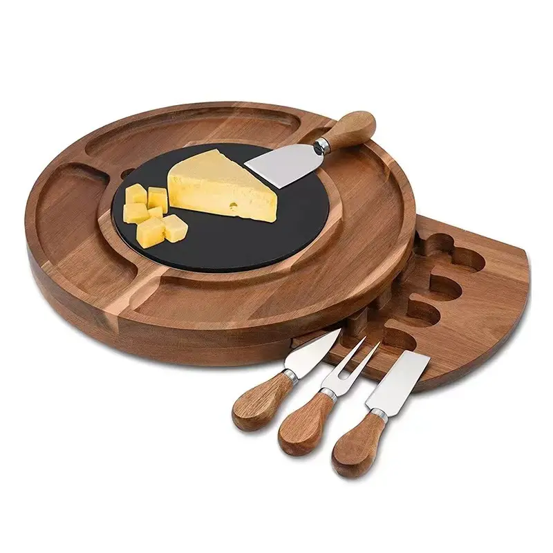 Factory custom Acacia disc Cheese Cheese Board Set Deli Plate Disc with knife set Serving tray for party plates