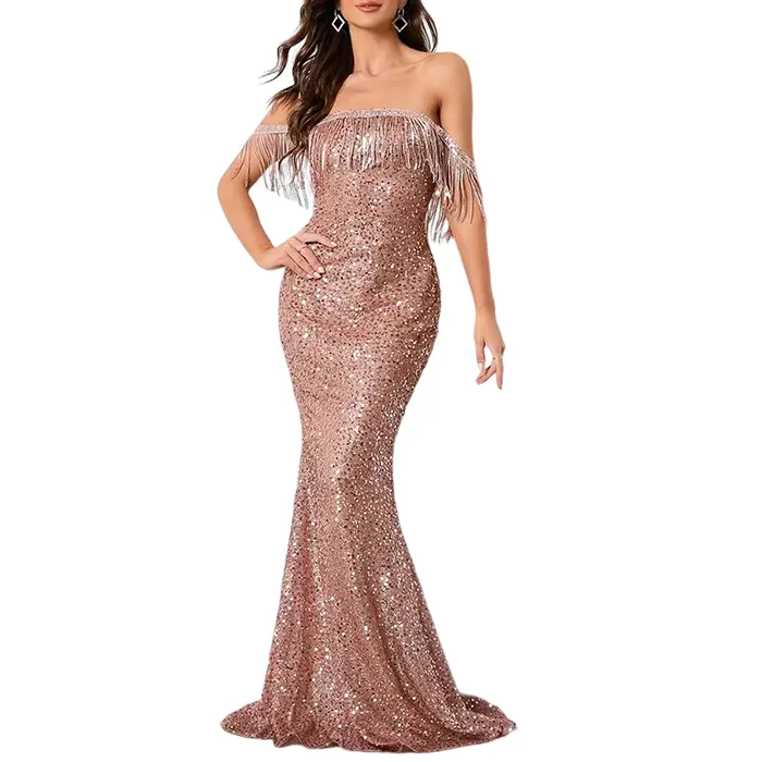Lady elegant One-Shoulder Tassel Luxury Robe Sequins Mermaid Evening Dresses Prom Trailing Banquet Party Evening Dresses