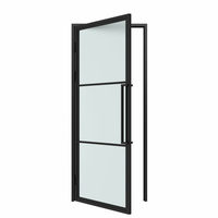 Porte intérieure double en acier noir de style loft avec cadre en fer cannelé et 3 panneaux vitrés, modèle français, pour la vente en gros