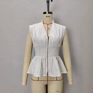 ファッションノースリーブディープ V ジッパープリーツトップスコンビネーションウエストタイトデザインポリエステル女性のベストスーツ用エレガント通気性 - Product Image 6