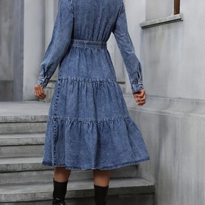 Vestido Midi Vaquero Lavado con Cinturón, Solapa y Volantes en Capas, Personalizado para Mujer - Product Image 6