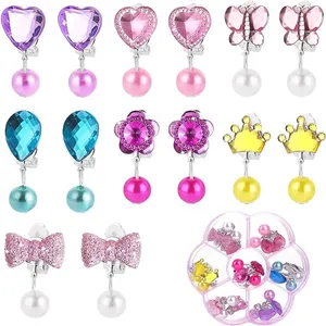 Anting-anting anak perempuan tanpa tindik, anting kristal mutiara, anting-anting anak-anak, hadiah untuk anak-anak, 7 pasang