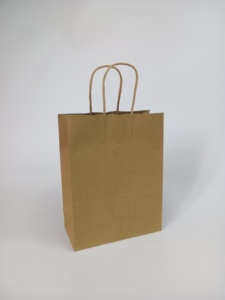 Sac en papier kraft recyclé personnalisé, écologique, avec poignée torsadée, pour emporter, brun et blanc, avec votre marque - Product Image 3