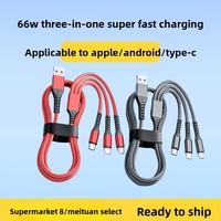 Câble de données 3-en-1 66W pour téléphones mobiles avec connecteurs USB-A/Type-C - Ligne de charge rapide 3A
