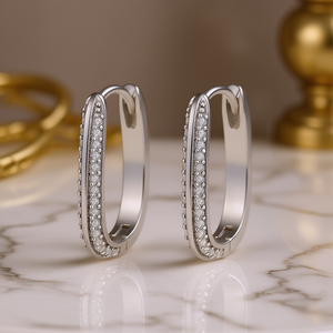 Eleganti Orecchini a Cerchio in Argento 925 con Diamanti Rotondi Incastonati a Canale, Placcati in Rodio, Stile Classico per Uso Quotidiano Femminile - Product Image 2