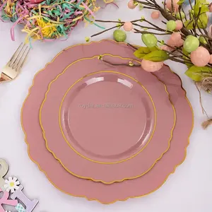 Современная розовая пластиковая тарелка, небьющаяся посуда, дешевая посуда, свадебная Золотая оправа, пластиковое зарядное устройство