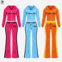 Ensemble de survêtement en velours Y2K pour femmes, logo personnalisé, sweat à capuche zippé, pantalon large rayé, couleur contrastée, tenue de sport en velours deux pièces