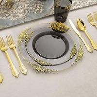 Ensemble de vaisselle jetable en plastique transparent avec bordure dorée, 175 pièces, comprenant 50 assiettes, 75 couverts dorés, 25 gobelets, 25 serviettes