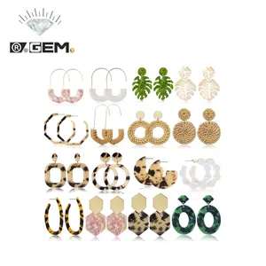 R.GEM. Summer Jewelry Drop Dangle Palm Leaf Resin Minimalist Bohemian Statement Jewelry Mottled Hoop Acrylic Earrings Set