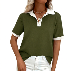 Polo de Manga Corta Color Verde Oliva para Mujer, Tejido de Punto, Cuello con Ribete Blanco, Estilo Casual, Largo Regular - Product Image 1