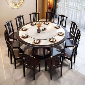 Juego de mesa de comedor redonda de madera maciza estilo chino con tapa giratoria para uso en el hogar, restaurantes y hoteles. - Product Image 1