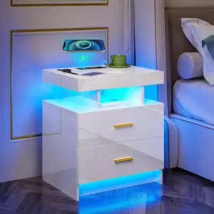 Nightstand with Charging Station, with Sensor Mode/24 Light Colors, Floating Side Table with 2 Drawers/Wireless/USB/Type-C Ports