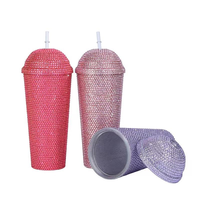 Gobelet isotherme rose grande capacité avec strass, double paroi sous vide, en plastique, avec paille