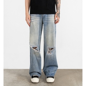 <strong>Custom</strong> <strong>Label</strong> Drop Ship Stock Street Wear Stock Baggy <strong>Jeans</strong> Manufacturer Men Blue Painted Stacked Flared Denim <strong>Jeans</strong> - Product Image 1