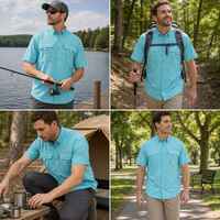 Logo personnalisé vierge hommes Upf 50 boutons vers le bas chemises de pêche bleu royal travail protection UV chemise de pêche en polyester à manches courtes