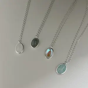 New Opal quyến rũ Vòng cổ 925 Sterling Bạc bezel thiết lập Moonstone hình bầu dục Mặt dây chuyền vòng cổ cho phụ nữ