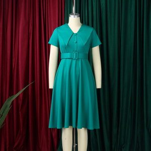 Nouvelle robe midi élégante en polyester à col en V, couleur unie, vêtements de travail pour femmes, manches courtes, robe de bureau élégante, décontractée d'été - Product Image 3