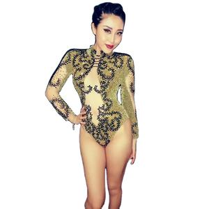 Vestido de fiesta de lujo para escenario, traje de una pieza ajustado con diamantes de imitación dorados brillantes para club nocturno, Bar, <span class=keywords><strong>Netflix</strong></span>, bailarina de plomo - Product Image 1