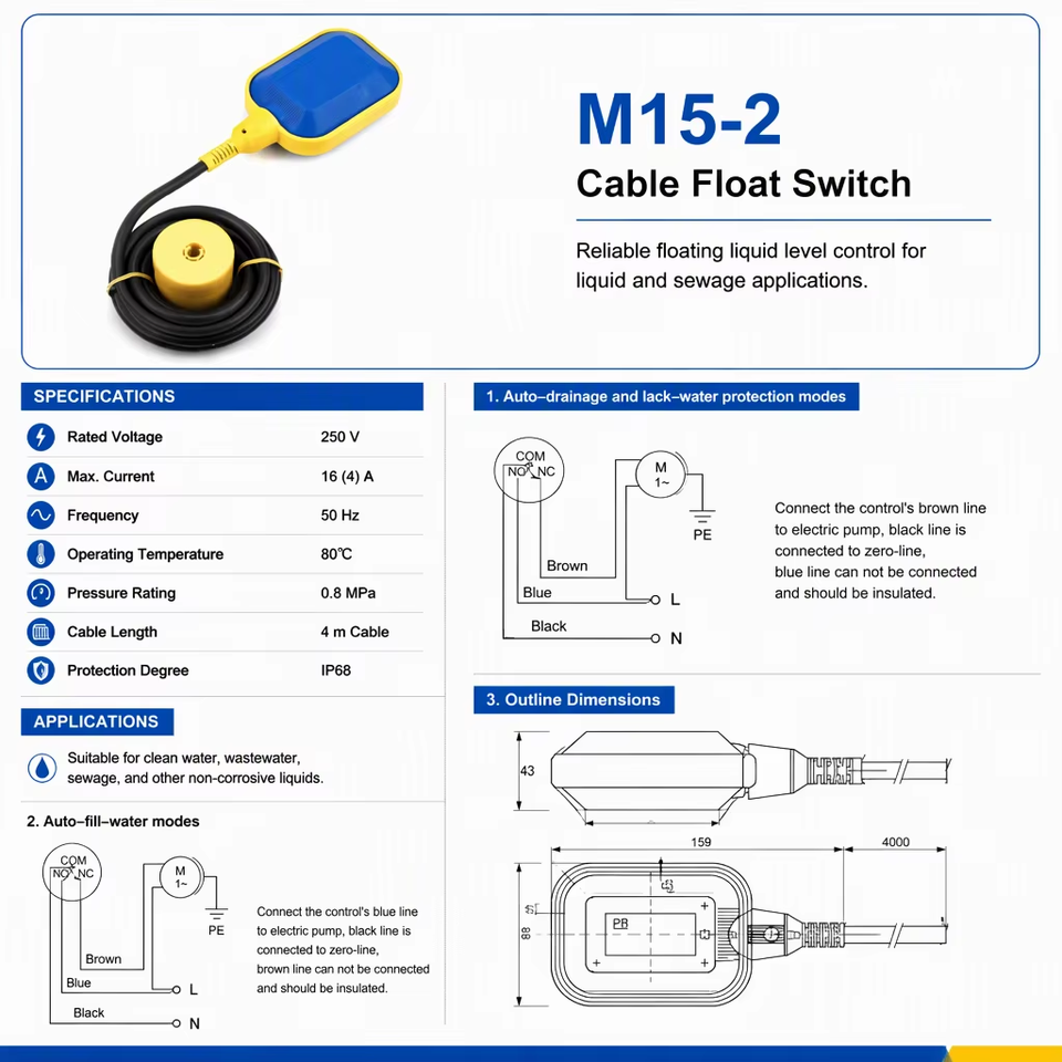 CHEM M15-2 2M 10M 20M Cable Float Switch IP68 Water Level Controller ...