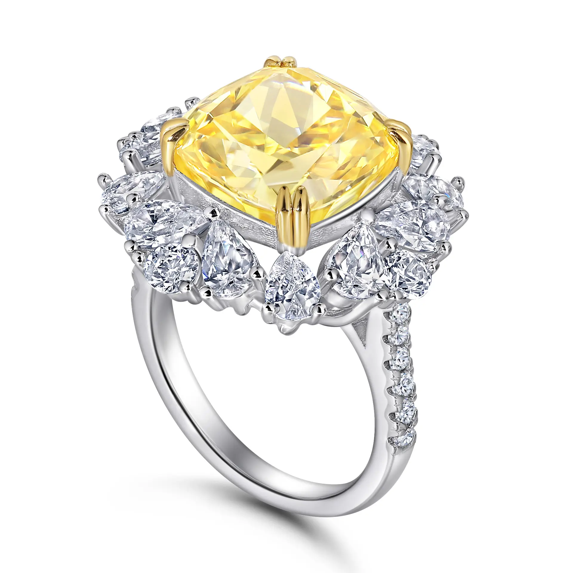 Fijne Sieraden 925 Sterling Zilver Hoge Kwaliteit Diamanten Ring Gele Zirkoon Bloemen Bruiloft Zilveren Ketting Sieraden Set