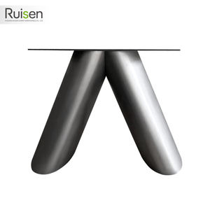 שולחן עמידה בעיצוב עכשווי עם רגלי סיכת ראש נירוסטה הרכבה לשולחן מתכת בסגנון לוח עץ - Product Image 1