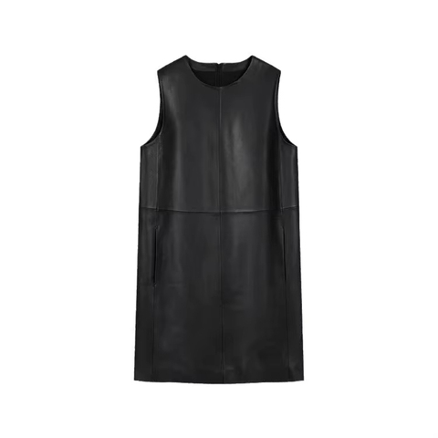 31150 Spring Autumn Fashionable O Neck Straight Style Short Black Real Leather Dress for Women