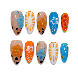 Uñas Postizas de Colores Hechas a Mano, 10 Piezas, Rayas Cítricas Naranjas, Flores Azules, Puntos de Leopardo, Líneas de Cuentas Doradas, Puntas de Uñas Almendradas - Product Image 2