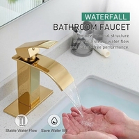 Robinet cascade minimaliste doré en acier inoxydable personnalisé, mitigeur monotrou avec cartouche céramique pour lavabo