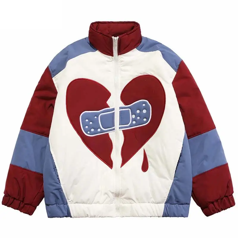 Hip Hop Colorblock Patchwork Jacket Men Streetwear Heart Embroidered Cotton Zip Men Jacket