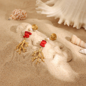 Pendant <b>Earrings</b> Stainless Steel <b>Red</b> Stone Freshwater Pearl Gold Plated Plant Shape Dangle Jewelry - Product Image 3