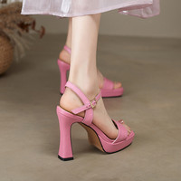 Sandal Wanita Platform Elegan 2026 Musim Panas, Sepatu Kulit Asli Open Toe untuk Pesta, Gaun, Prom, Hak Tinggi 10cm, Sandal Wanita Warna Pink