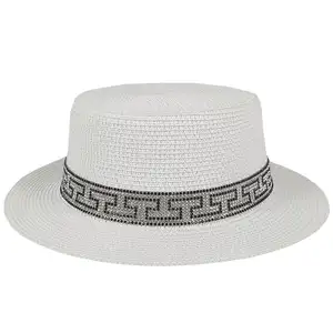 Шляпа женская Соломенная с широкими полями, винтажная Панама с плоским верхом и жемчужными полями, от солнца, для улицы, вечеринки